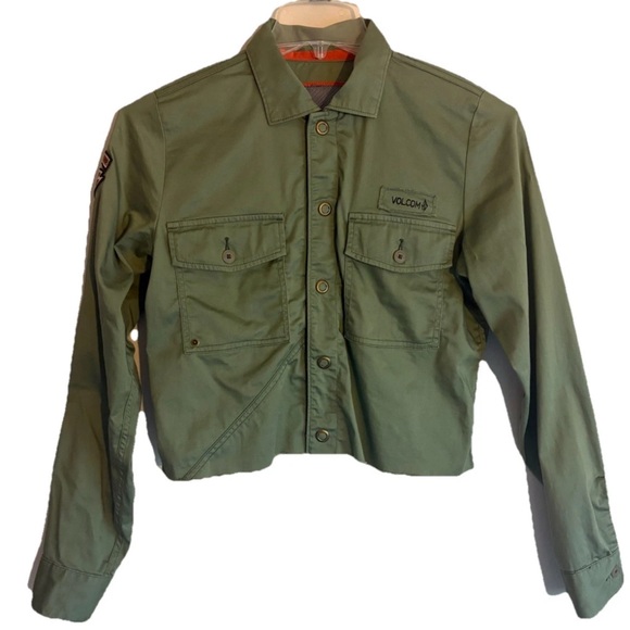 Volcom Olive Green Military Cropped Jacket Women’s Snap Front with Patches - Picture 1 of 7